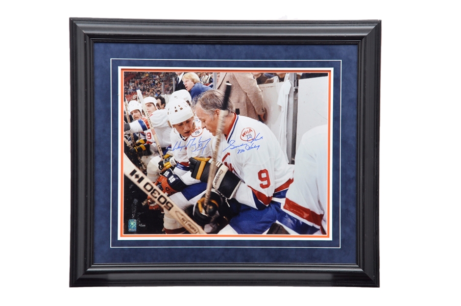 Wayne Gretzky and Gordie Howe Dual-Signed 1979 WHA All-Star Game Limited-Edition Framed Bench Photo #3/299 from WGA (26" x 30")