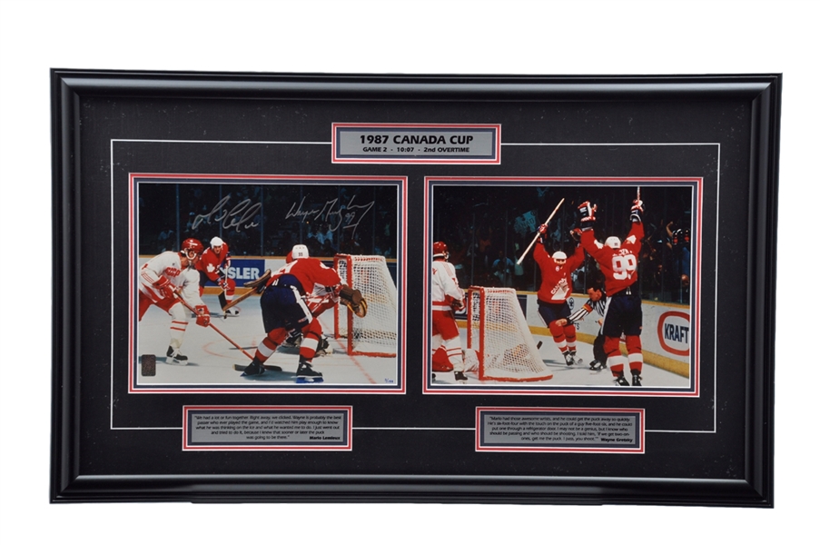 Wayne Gretzky and Mario Lemieux Dual-Signed 1987 Canada Cup Limited-Edition Framed Display #3/199 from WGA (22 1/2" x 38") 