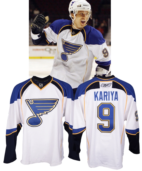 Paul Kariyas 2007-08 St. Louis Blues Signed "1st Road Game of Season" Game-Worn Jersey with Team LOA