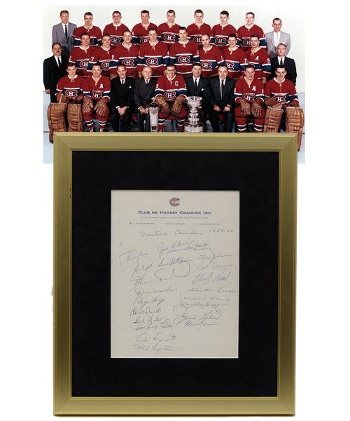 Montreal Canadiens 1959-60 Stanley Cup Champions Framed Team-Signed Sheet by 20 with 6 Deceased HOFers (18” x 16”)
