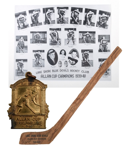 Kirkland Lake Blue Devils 1940 Allan Cup Champions Team-Signed Mini-Stick with Bill Durnan and Championship Medal 