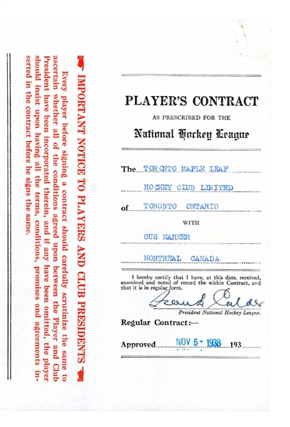 Gus Markers 1938-39 Toronto Maple Leafs NHL Contract and Transfer Agreement Signed by Deceased HOFers Calder, Smythe and Day