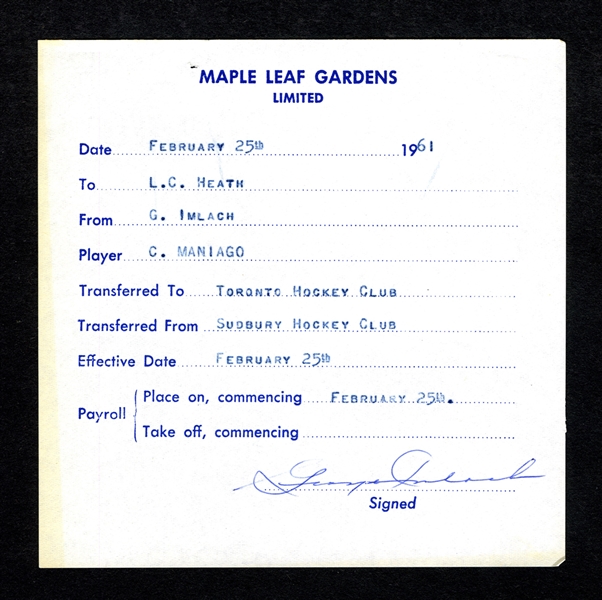 Don Marshall, Cesare Maniago and Blair Mackasey 1961-77 NHL Contract and Document Collection of 5 - Includes Imlach and Campbell Signatures