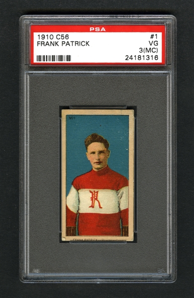 1910-11 Imperial Tobacco C56 Hockey Card #1 HOFer Frank Patrick RC - Graded PSA 3 (MC)