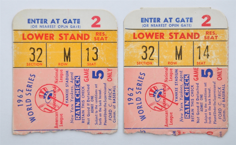 1962 Yankee Stadium World Series Game 5 Ticket Stubs (2) - Yankees vs Giants