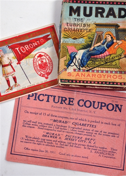 1909-11 Murad Cigarette Box / Wrapper, T6 Picture Coupon and T51 Toronto Card - Box Held the T51 Rochester Hockey Card