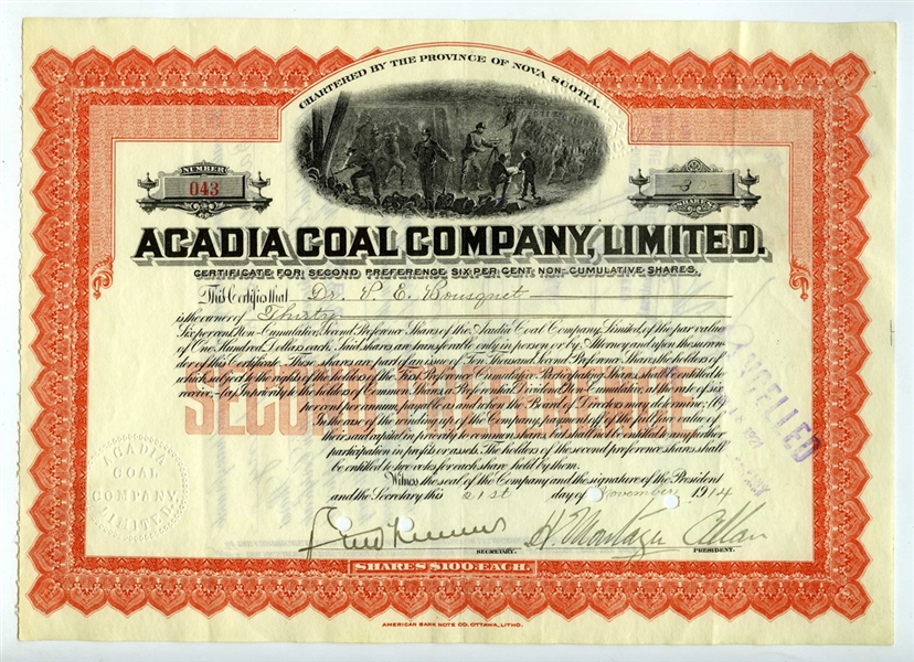 Deceased HOFer Sir Montagu Allan Signed 1914 Stock Certificate
