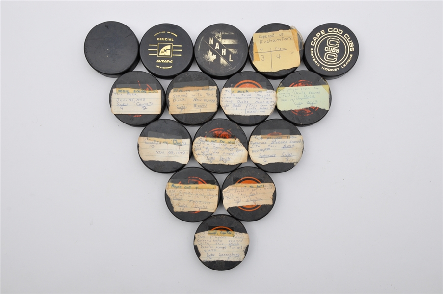 Cape Cod Cubs (EHL and NAHL) 1972-74 Game-Used Puck and Goal Puck Collection of 15
