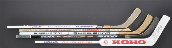 Collection of 5 Signed and Multi-Signed Hockey Sticks Including Patrick Roy, Quintal Canadiens Team-Signed and Others