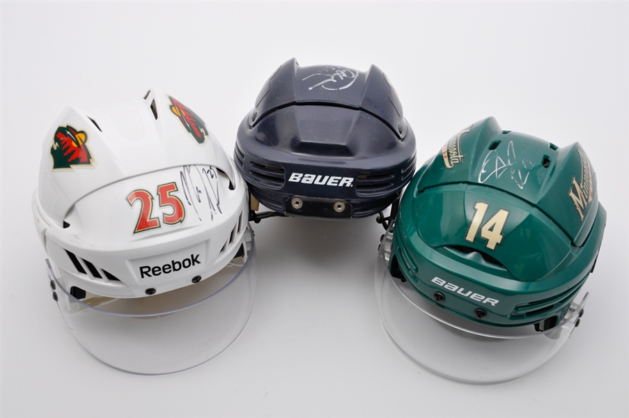 NHL Game-Worn Signed Helmet Collection of 3 with Galley Islanders Plus Johnson and Powe Wild with LOAs