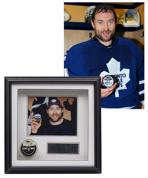 Ed Belfours 2005-06 Toronto Maple Leafs "448th Win" Photo-Matched Milestone Puck Framed Display (18 ½” x 18 ½”) 