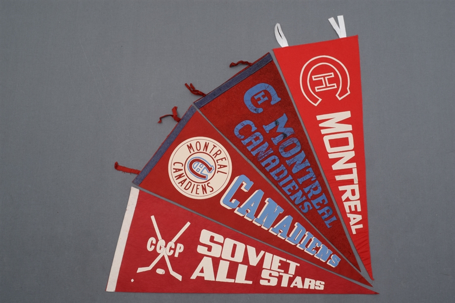 Vintage Montreal Canadiens (3) and Soviet All Stars Pennant Collection of 4
