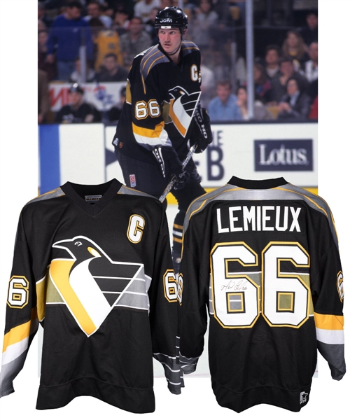 Mario Lemieuxs 1996-97 Pittsburgh Penguins Signed Game-Worn Captains Third Jersey with LOAs - Photo-Matched!