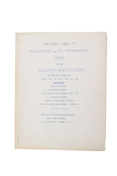 Toronto Maple Leafs 1956-57 Press, Radio and TV Information Book