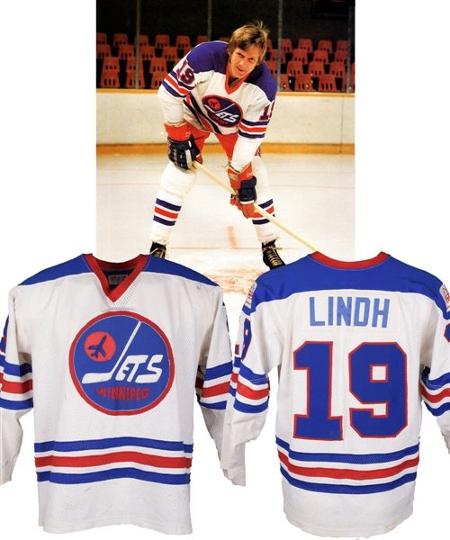 Mats Lindhs 1975-76 WHA Winnipeg Jets Game-Worn Playoffs Jersey with 1976 Olympics Patches