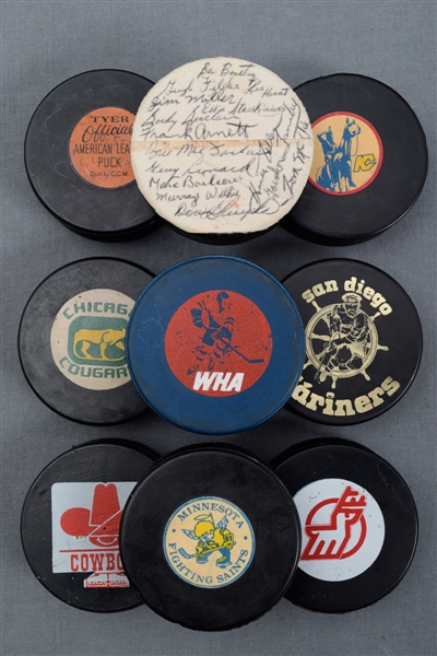WHA, NHL and Others Game Puck Collection of 9