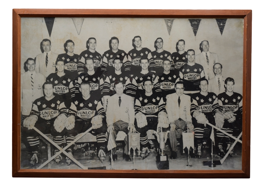 Whitby Dunlops 1958 World Champions Team Photo and Charlie Burns Game-Used Team-Signed Stick