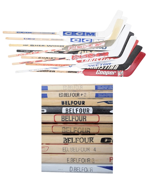 Ed Belfours Career Game-Issued Stick Collection of 9 Including Early Black Hawks Ones