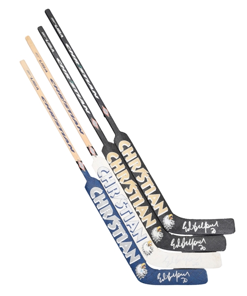 Ed Belfours Signed Game-Issued Christian Stick Collection of 4