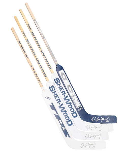 Ed Belfours Toronto Maple Leafs Signed Game-Issued CCM and Sher-Wood Stick Collection of 4