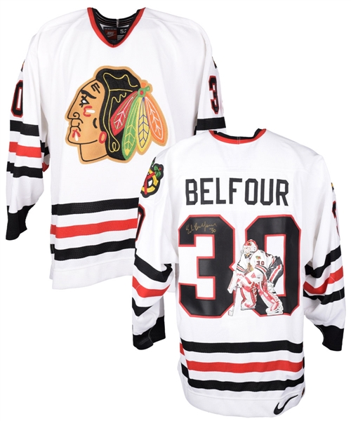 Ed Belfours Signed Chicago Black Hawks Artwork Jersey Plus Signed Jersey Numbers (13)