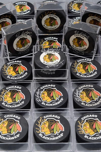 Ed Belfours Signed Chicago Black Hawks Puck Collection of 30 Plus 6 Dual-Signed Belfour/Esposito Pucks