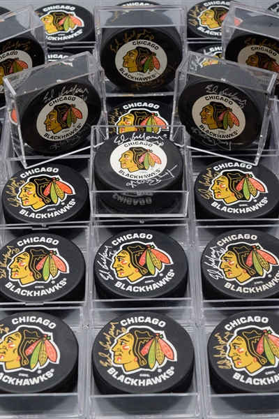 Ed Belfours Signed Chicago Black Hawks Puck Collection of 30 Plus 6 Dual-Signed Belfour/Esposito Pucks