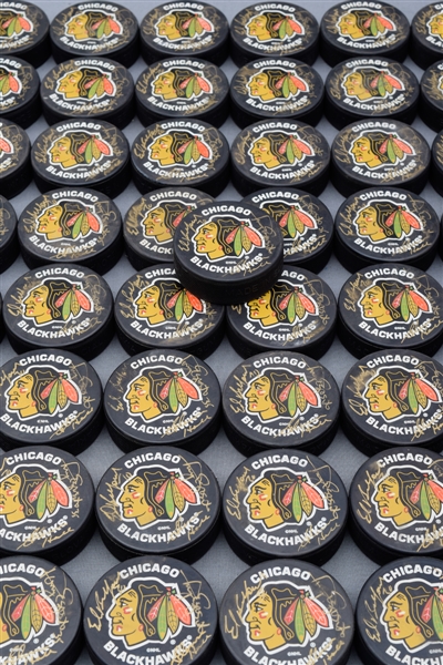 Ed Belfours Triple-Signed Belfour/Esposito/Hall Puck Collection of 49