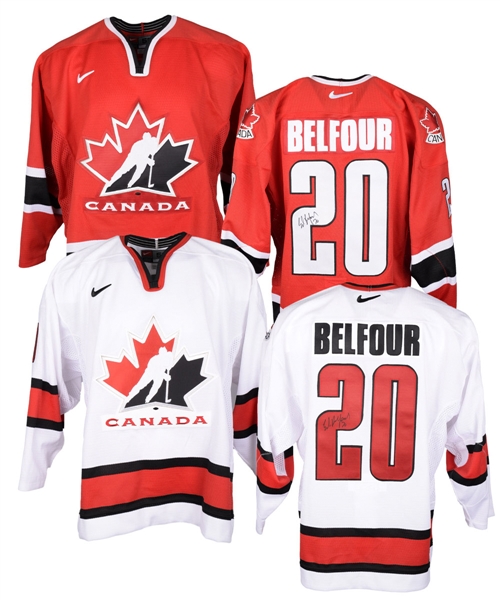 Ed Belfours 2002 Winter Olympics Team Canada Signed Jersey, Photo and Jersey Number Collection of 17