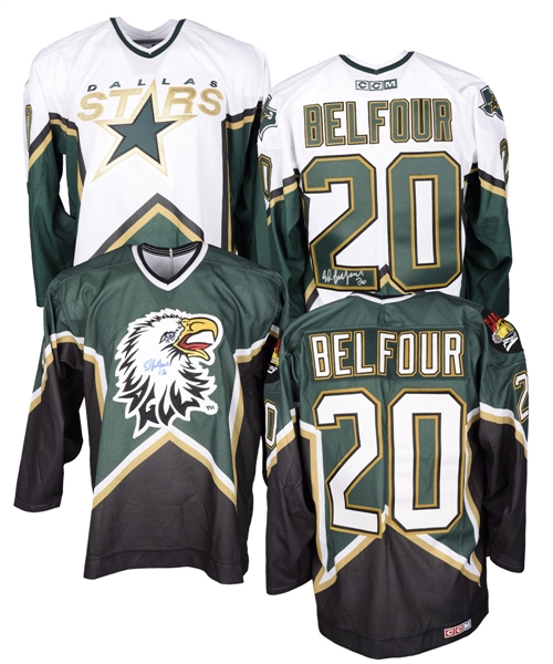 Ed Belfours Signed Dallas Stars and "Eddie Eagle" Jersey Collection of 2