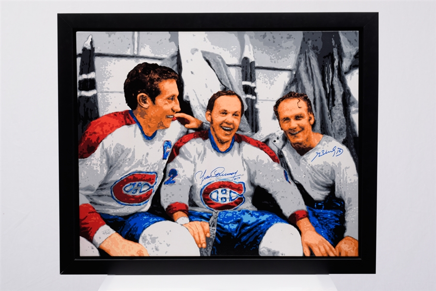 Beliveau, Cournoyer and Henri Richard Montreal Canadiens Acrylic on Canvas Framed Painting Dual-Signed by Cournoyer and Richard with COA (28" X 34")