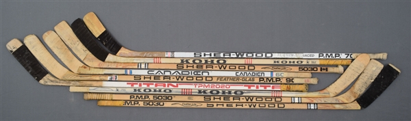 Los Angeles Kings 1970s/1980s Game-Used Stick Collection of 9 with Dionne, Robitaille, Simmer and Taylor
