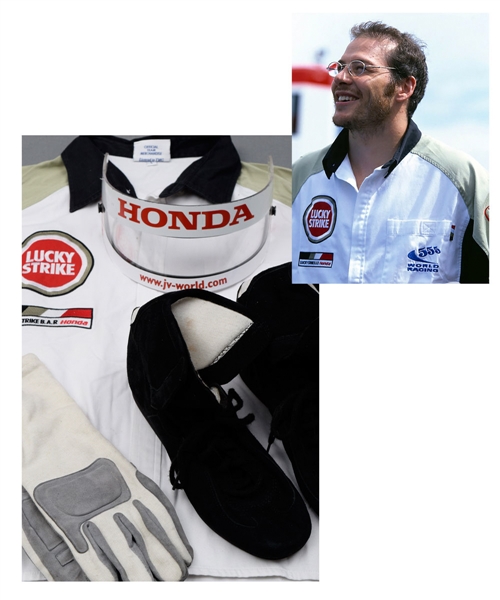 Jacques Villeneuves Lucky Strike BAR Honda F1 Team 2003 Race-Used Visor and Gloves, 2001 Race-Worn Boots and 2002 Crew Shirt