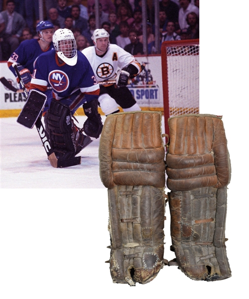 Billy Smiths Late-1980s New York Islanders Brown Game-Worn Goalie Pads