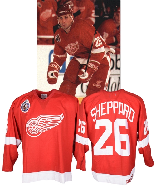 Ray Sheppards 1992-93 Detroit Red Wings Game-Worn Jersey - Centennial Patch! - Team Repairs! 