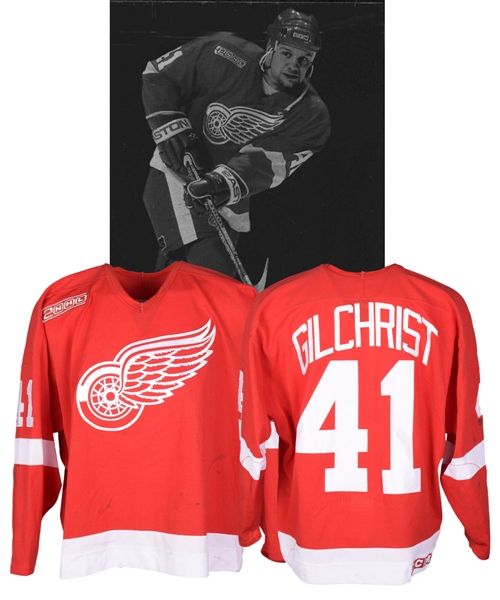 Brent Gilchrists 1999-2000 Detroit Red Wings Game-Worn Jersey - 2000 Patch! - Team Repairs!