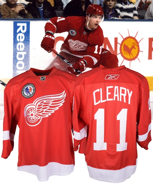 Dan Clearys 2009-10 Detroit Red Wings "Hall of Fame Game" Game-Worn Jersey with Team COA - 20+ Team Repairs! - Photo-Matched!