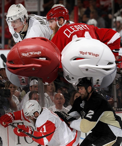 Dan Clearys 2008-09 Detroit Red Wings Stanley Cup Finals Game-Worn Helmets with Team COAs - Both Photo-Matched!