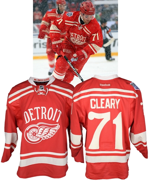 Dan Clearys 2014 Winter Classic Detroit Red Wings Game-Worn Jersey with Team COA Plus Game-Worn Helmet, Gloves, Pant Shells, Socks and Locker Nameplate