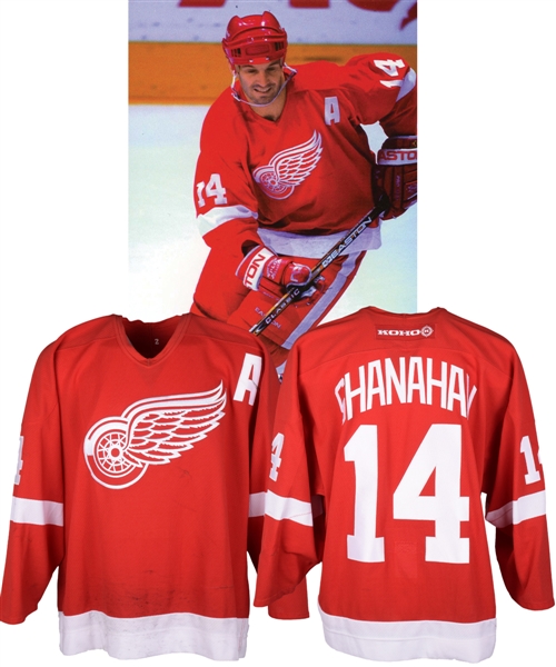 Brendan Shanahans 2001-02 Detroit Red Wings Game-Worn Alternate Captains Jersey with Team COA - Team Repairs!