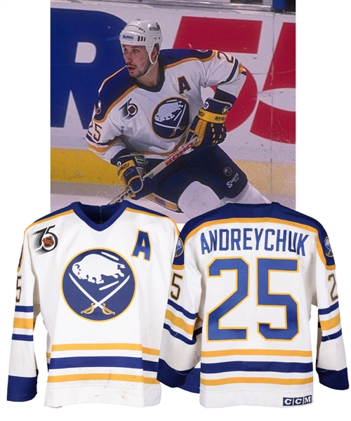 Dave Andreychuks 1991-92 Buffalo Sabres Game-Worn Alternate Captains Playoffs Jersey with LOAs - 75th Patch! - Photo-Matched!
