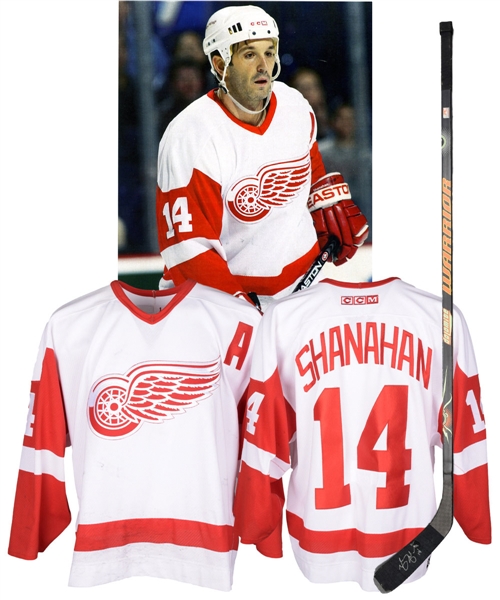 Brendan Shanahans 2003-04 Detroit Red Wings Game-Worn Alternate Captains Photo-Matched Jersey Plus Signed Warrior Game-Used Stick