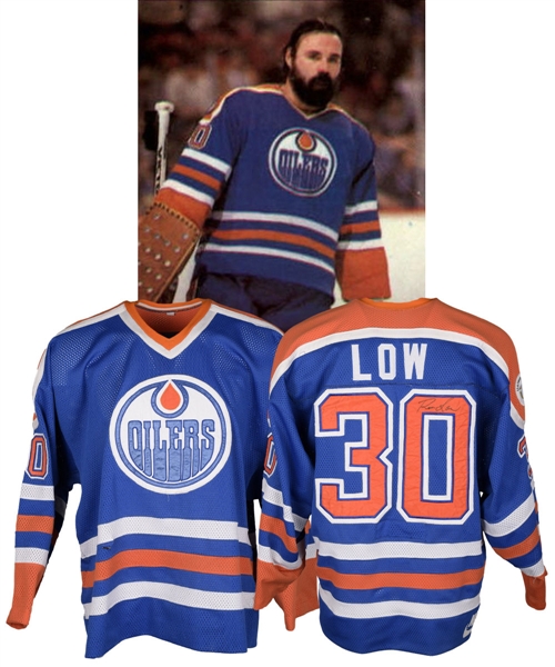 Ron Lows 1982-83 Edmonton Oilers Signed First Year Nike Game-Worn Jersey - Universiade Patch!