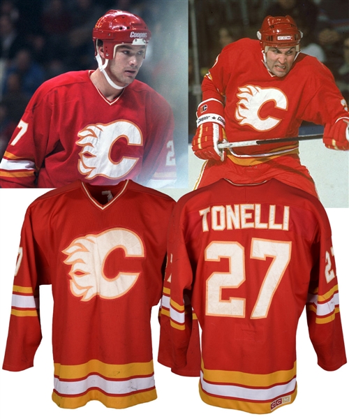 John Tonellis / Ed Beers 1985-86 Calgary Flames Game-Worn Jersey with Team LOA - Team Repairs! - Photo-Matched to Both Players!