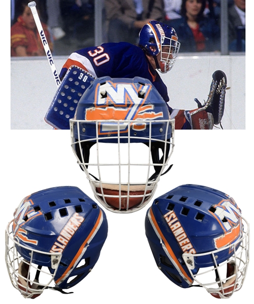 Kelly Hrudeys 1984-85 New York Islanders Game-Worn Rookie Era Goalie Helmet - Photo-Matched!