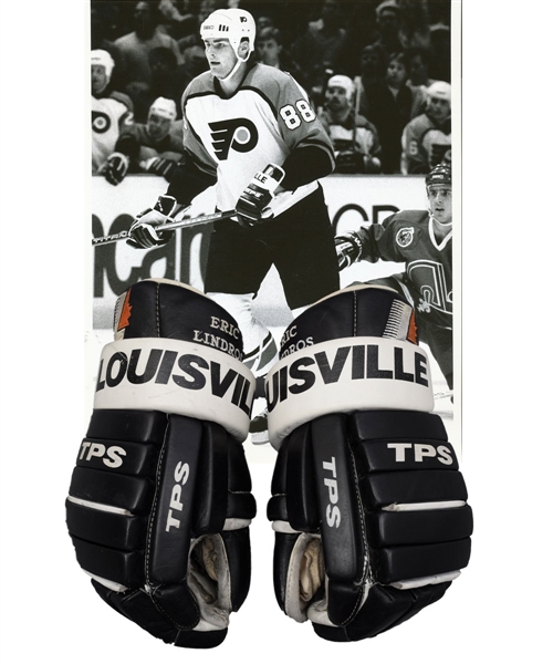 Eric Lindros 1992-93 Philadelphia Flyers Louisville Game-Used Rookie Season Gloves - 1st NHL Game/1st NHL Goal! - Photo-Matched!