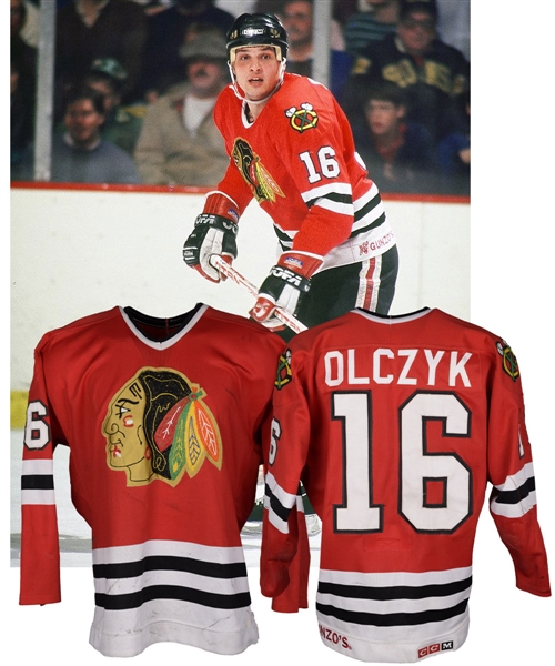 Ed Olczyks 1986-87 Chicago Black Hawks Game-Worn Jersey - 20+ Team Repairs! - Photo-Matched!