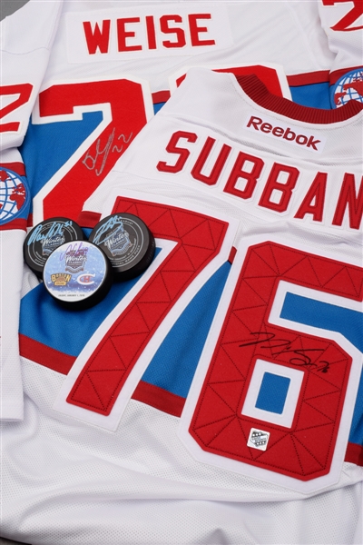 Montreal Canadiens 2016 Winter Classic Subban and Weise Signed Jerseys Plus Gallagher, Desharnais and Galchenyuk Signed Pucks