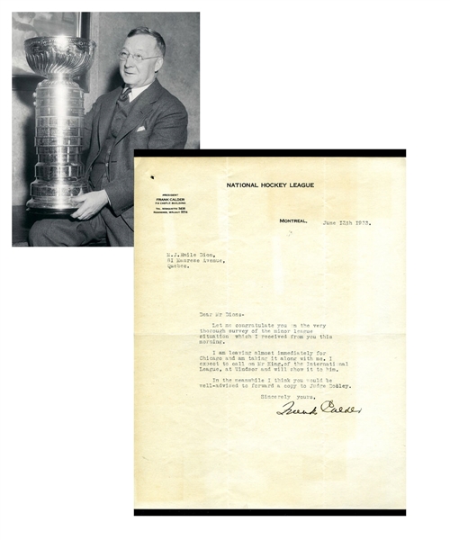 Deceased HOFer Frank Calder 1933 Signed Document on NHL Letterhead