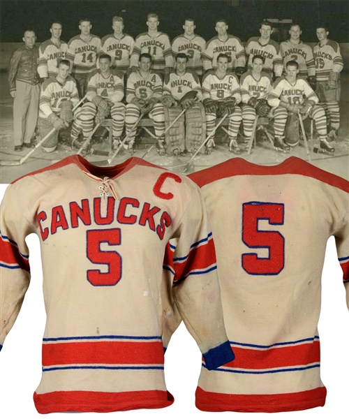 Late-1950s WHL Vancouver Canucks Game-Worn Captains Wool Jersey - Team Repairs!